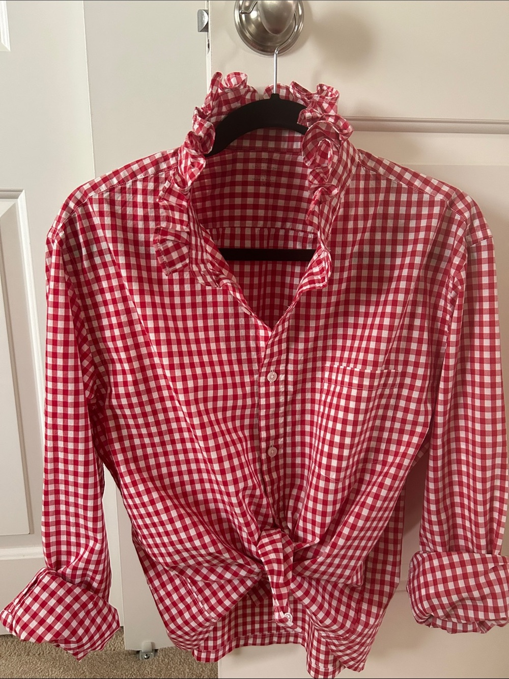 J Crew vintage Red Gingham Ruffle Collar Button-Up Shirt